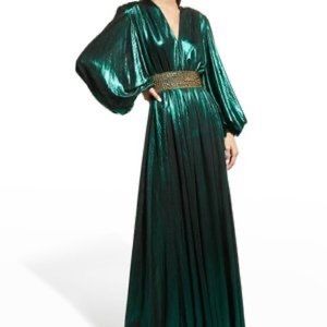 Bronx and Banco Zoe Metallic Lame Beaded-Waist Gown